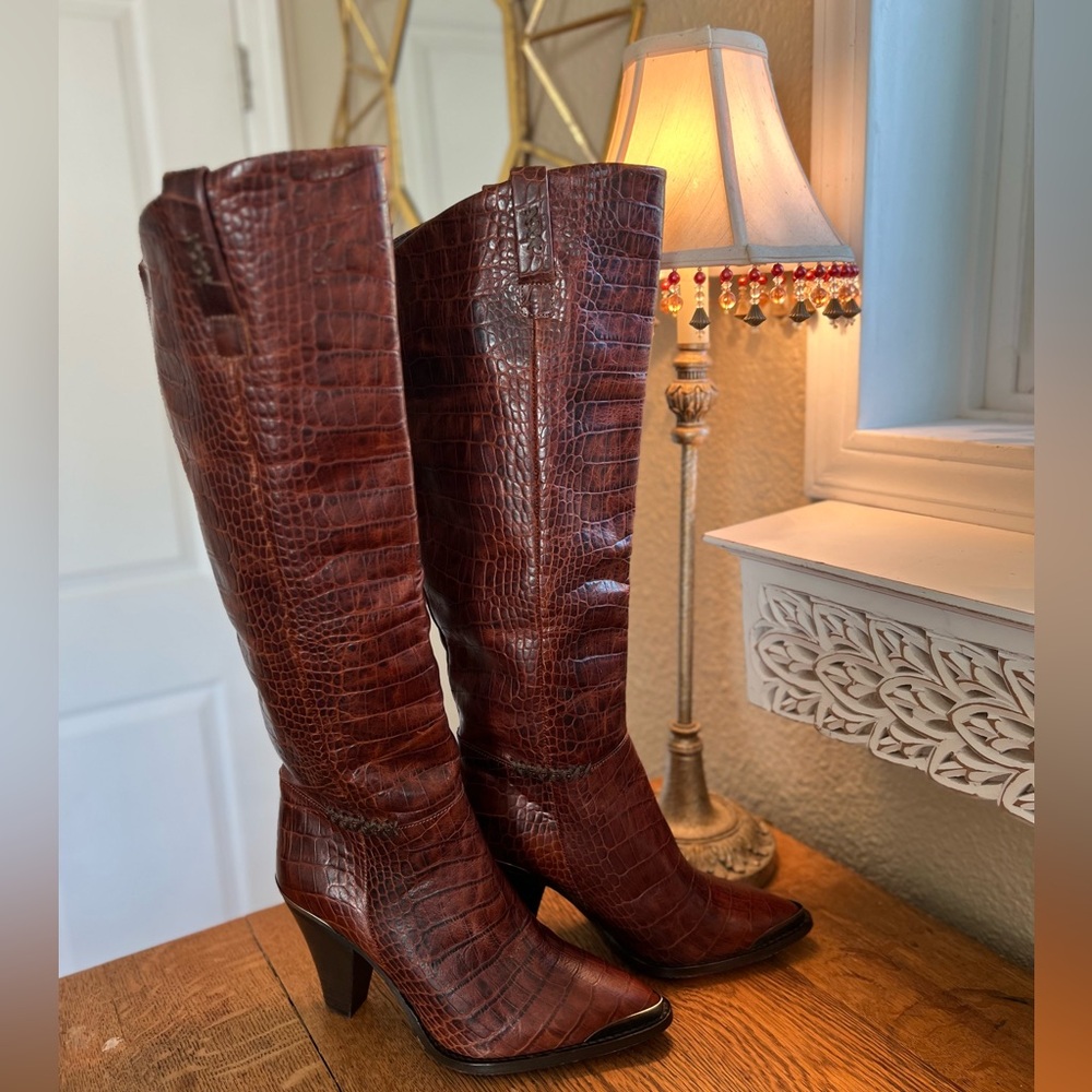 FREE PEOPLE Stevie Boot Brown Embossed Crocodile
